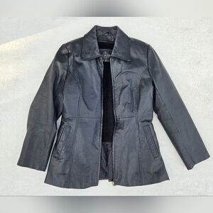 Oscar Piel Vintage Black Genuine Leather Zip Jacket Faux Fur Lined Womens Sz M